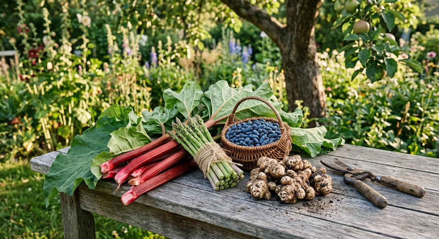 A rustic wooden table piled with a fresh harvest of perennial crops including rhubarb, asparagus, honeyberries, and Jerusalem artichokes.