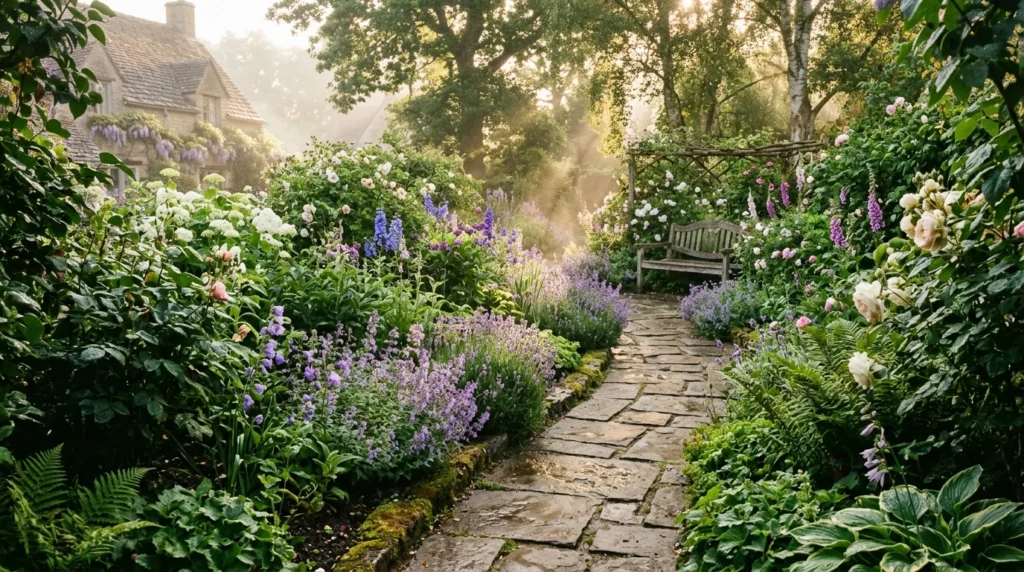 A scenic garden stone path lined with lush flowering shrubs in the soft morning light.