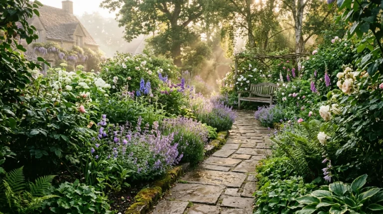 A scenic garden stone path lined with lush flowering shrubs in the soft morning light.