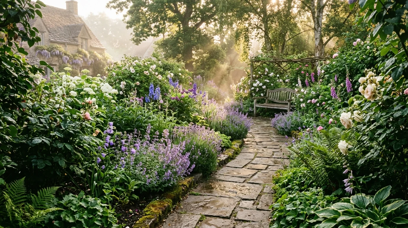 A scenic garden stone path lined with lush flowering shrubs in the soft morning light.