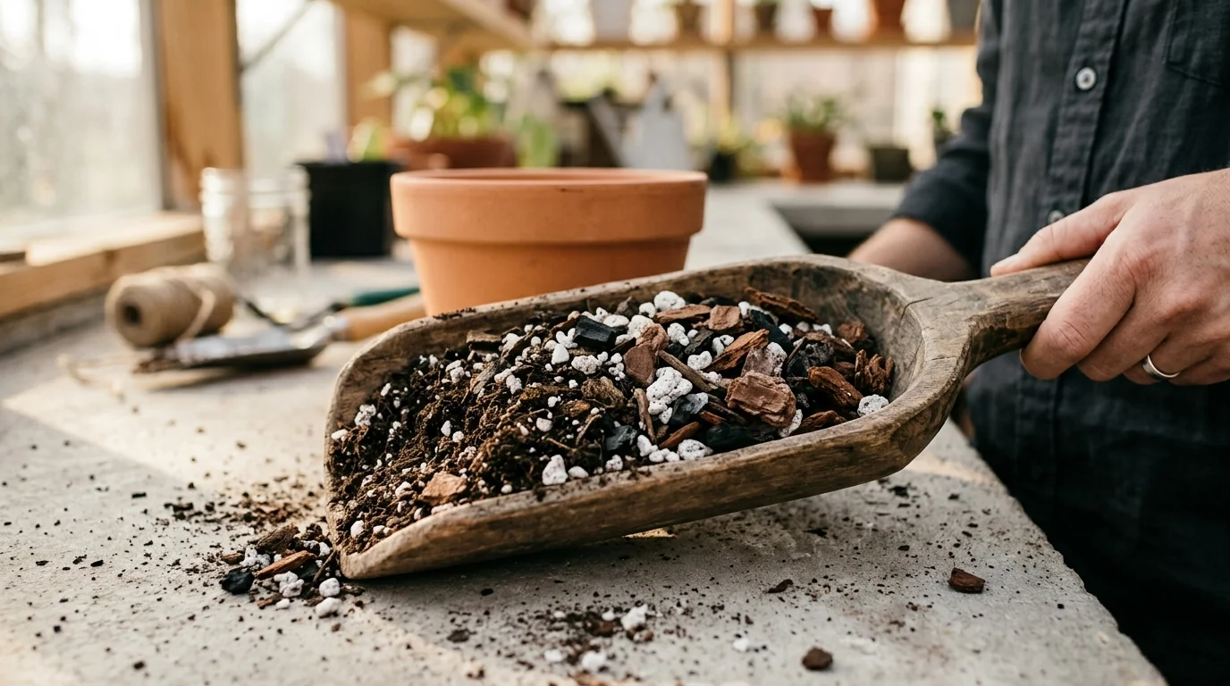 A scoop of chunky potting soil mix containing perlite and bark, next to an empty terracotta pot.
