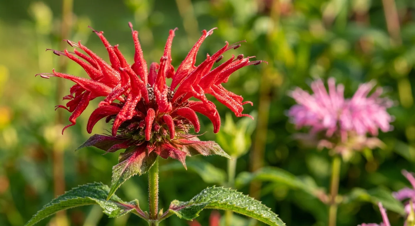 A sharp macro photo of a bright red bee balm flower with dew drops on its curved petals.