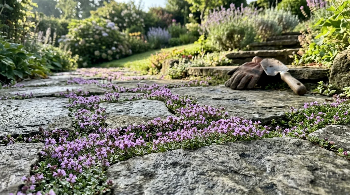 A snapshot of purple creeping thyme blooming between weathered garden flagstones, with gardening gloves in the background.