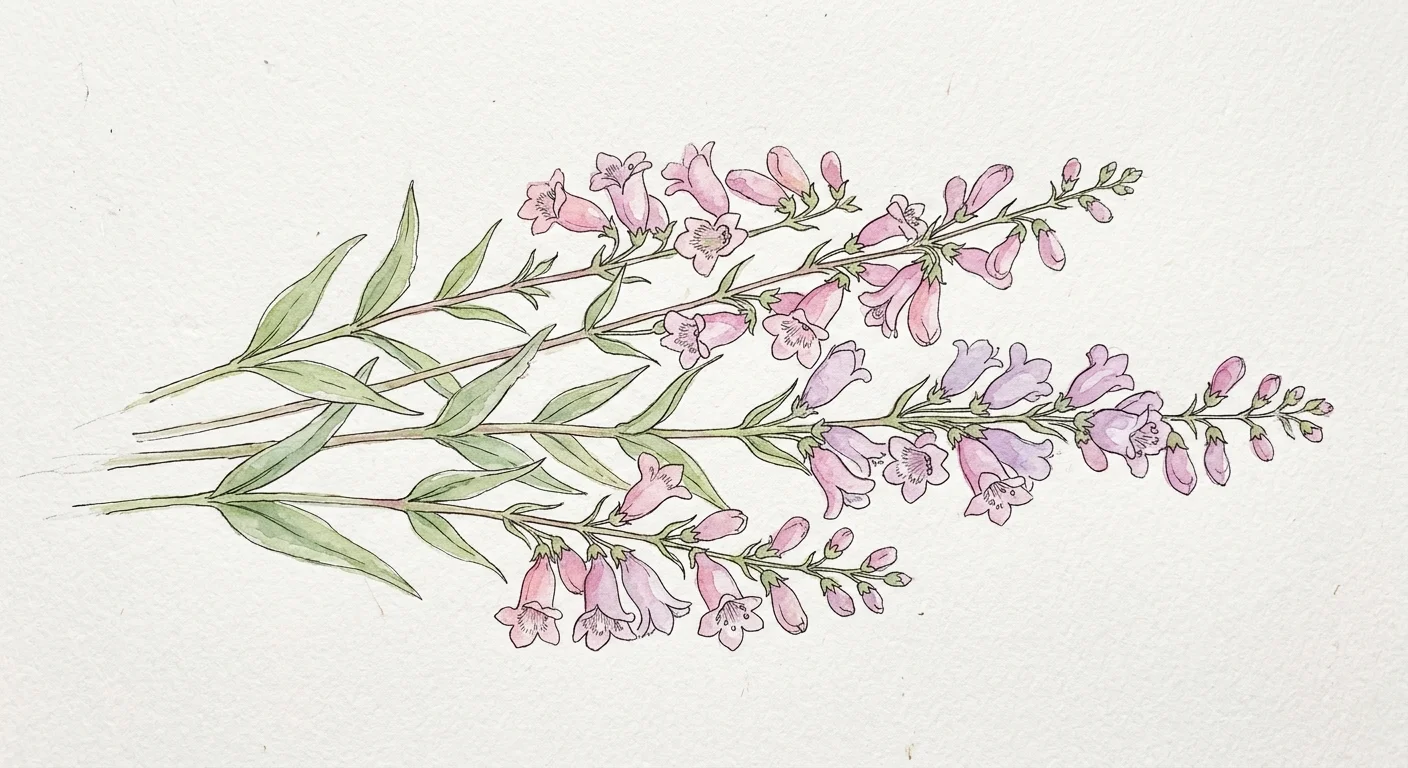 A soft watercolor illustration of pink and lavender beardtongue flowers, showing the fuzzy details inside the petals.