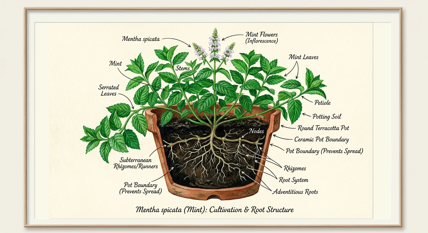 A stylized cross-section illustration of a mint plant in a pot, showing its leafy top and contained root system.