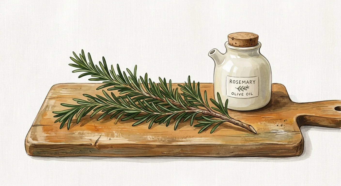 A stylized gouache illustration of a fresh rosemary sprig next to an olive oil jar on a wooden board.