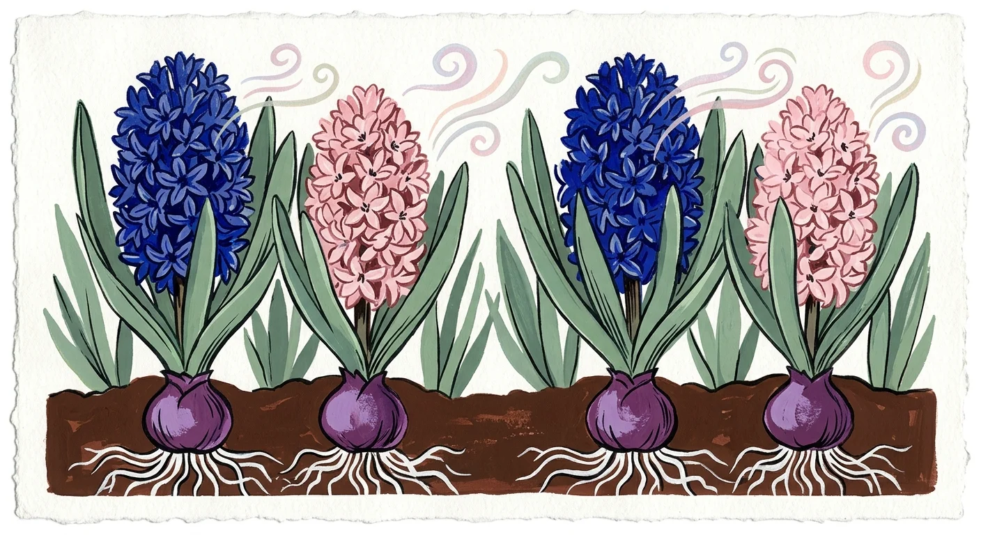 A stylized gouache illustration of blue and pink hyacinths with visible roots underground and whimsical swirls indicating fragrance.