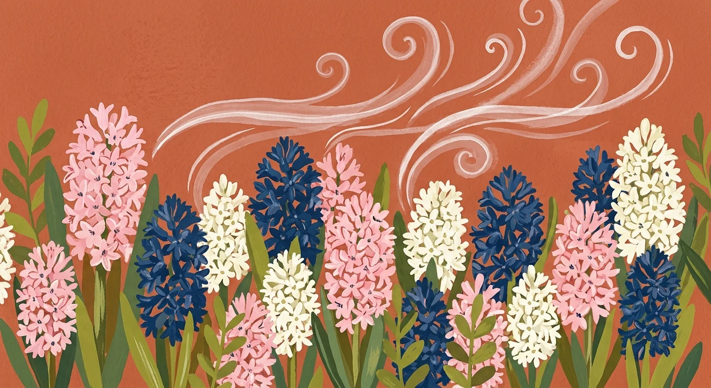 A stylized gouache illustration of colorful hyacinth flowers with swirling lines representing their sweet fragrance.