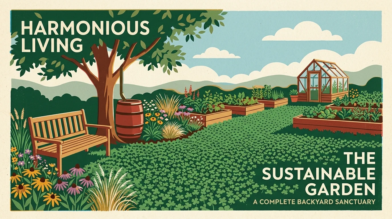 A stylized screenprint of a backyard with a wooden bench, a rain barrel, native wildflowers, and a lush clover lawn.
