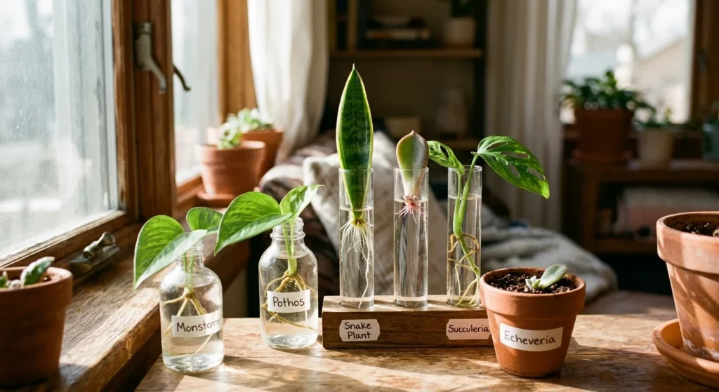 A sunlit windowsill with glass jars and terracotta pots containing leaf cuttings growing delicate white roots.