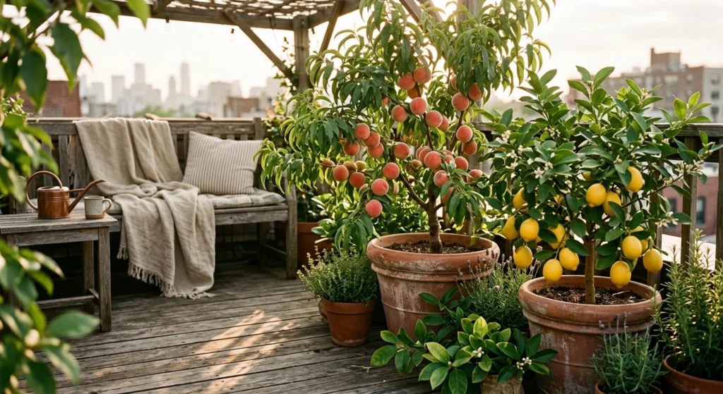 A sunlit wooden patio filled with dwarf peach and lemon trees in rustic terracotta pots, creating a cozy container orchard.