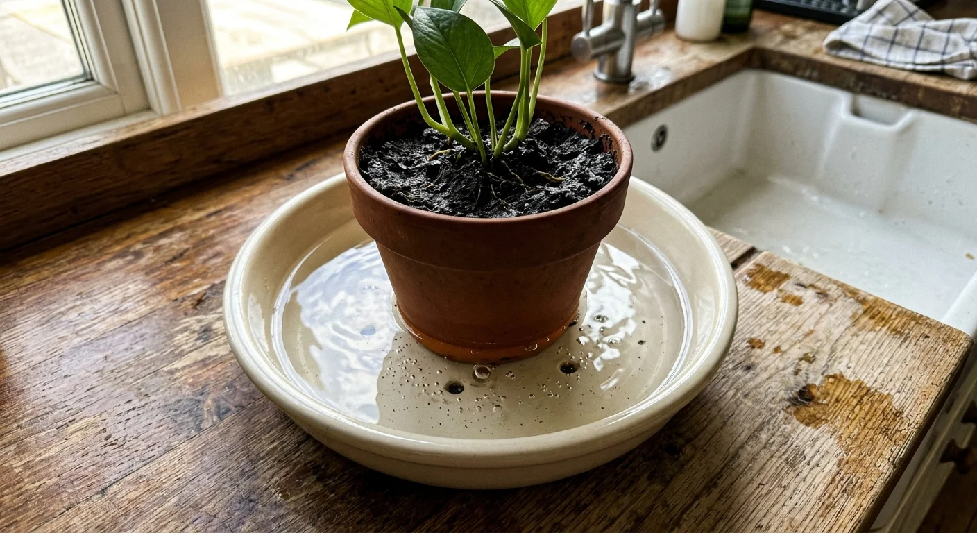 A terracotta pot sits in a shallow dish of water, absorbing moisture from the bottom up.