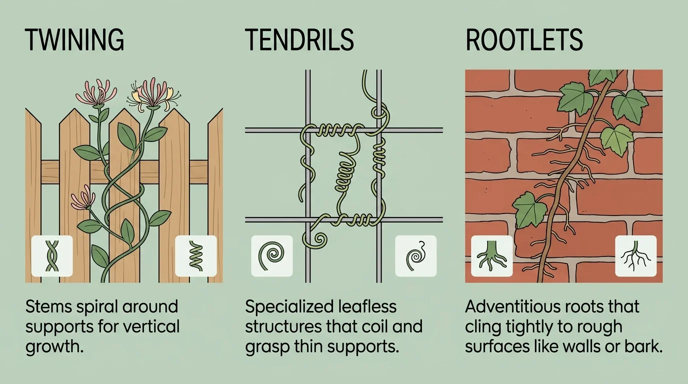 A three-column infographic diagram explaining how vines climb using twining stems, coiled tendrils, or adhesive rootlets.