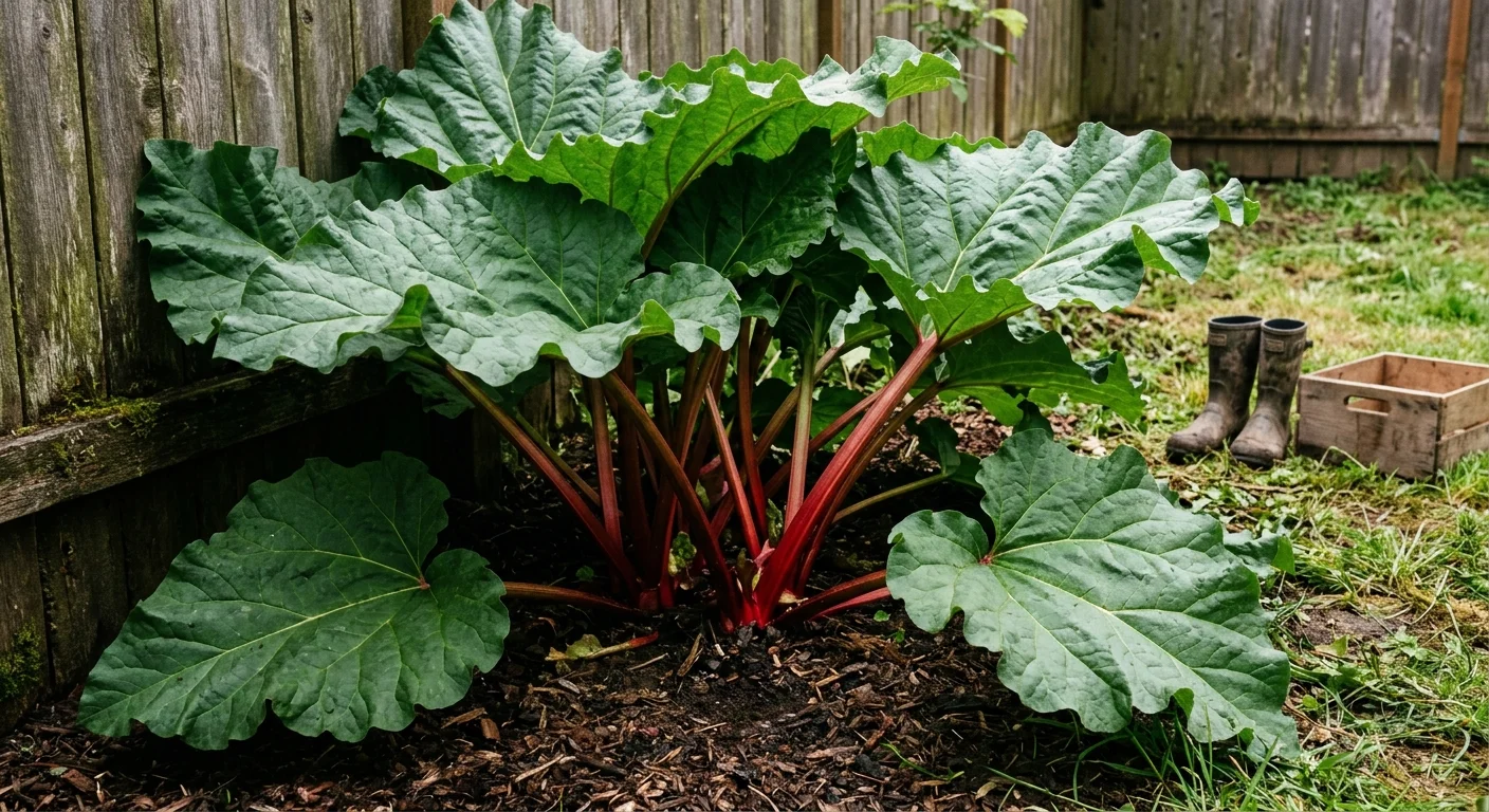 A thriving rhubarb plant with massive green leaves and vibrant crimson stalks growing along a weathered wooden garden fence.