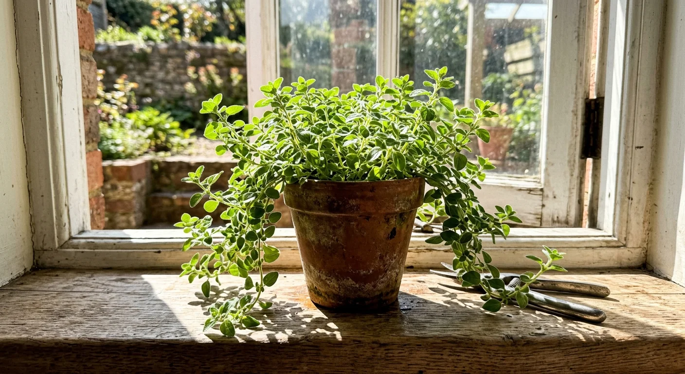 A trailing oregano plant in a terracotta pot sitting on a sunny window ledge with sharp shadows.