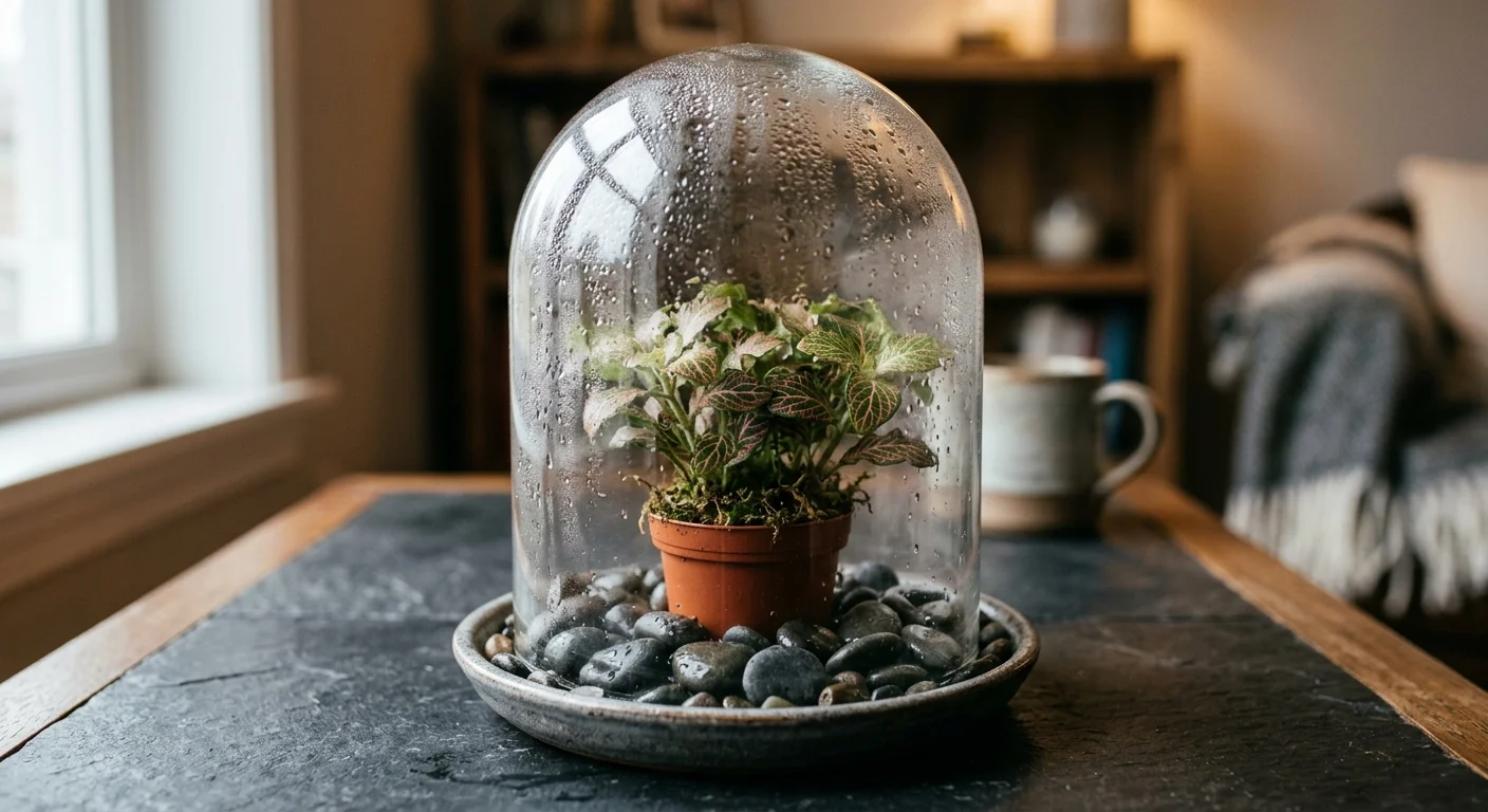 A tropical plant under a glass cloche on a tray of wet pebbles, showing light condensation.