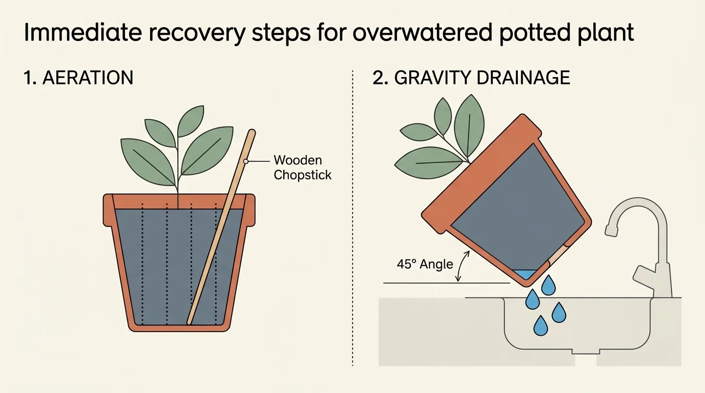 A two-panel diagram demonstrating soil aeration with a chopstick and tilting a pot at a 45-degree angle to drain trapped water.