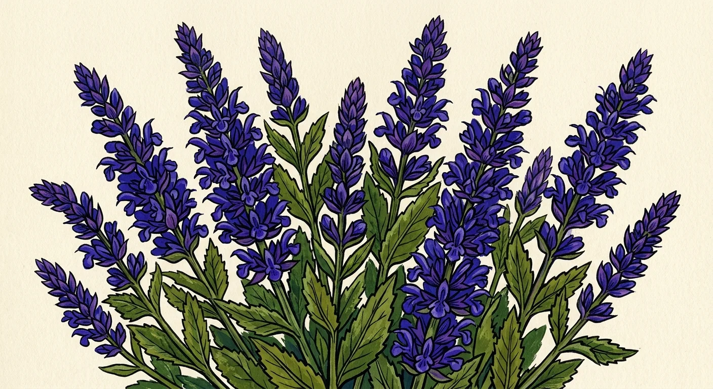 A vibrant gouache illustration of deep purple salvia flower spikes on a warm cream background.