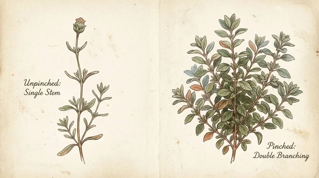 A vintage-style watercolor and ink botanical journal page comparing the single, leggy growth of unpinched plants to the lush, double-branche