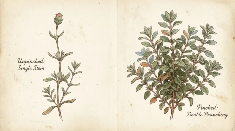 A vintage-style watercolor and ink botanical journal page comparing the single, leggy growth of unpinched plants to the lush, double-branche