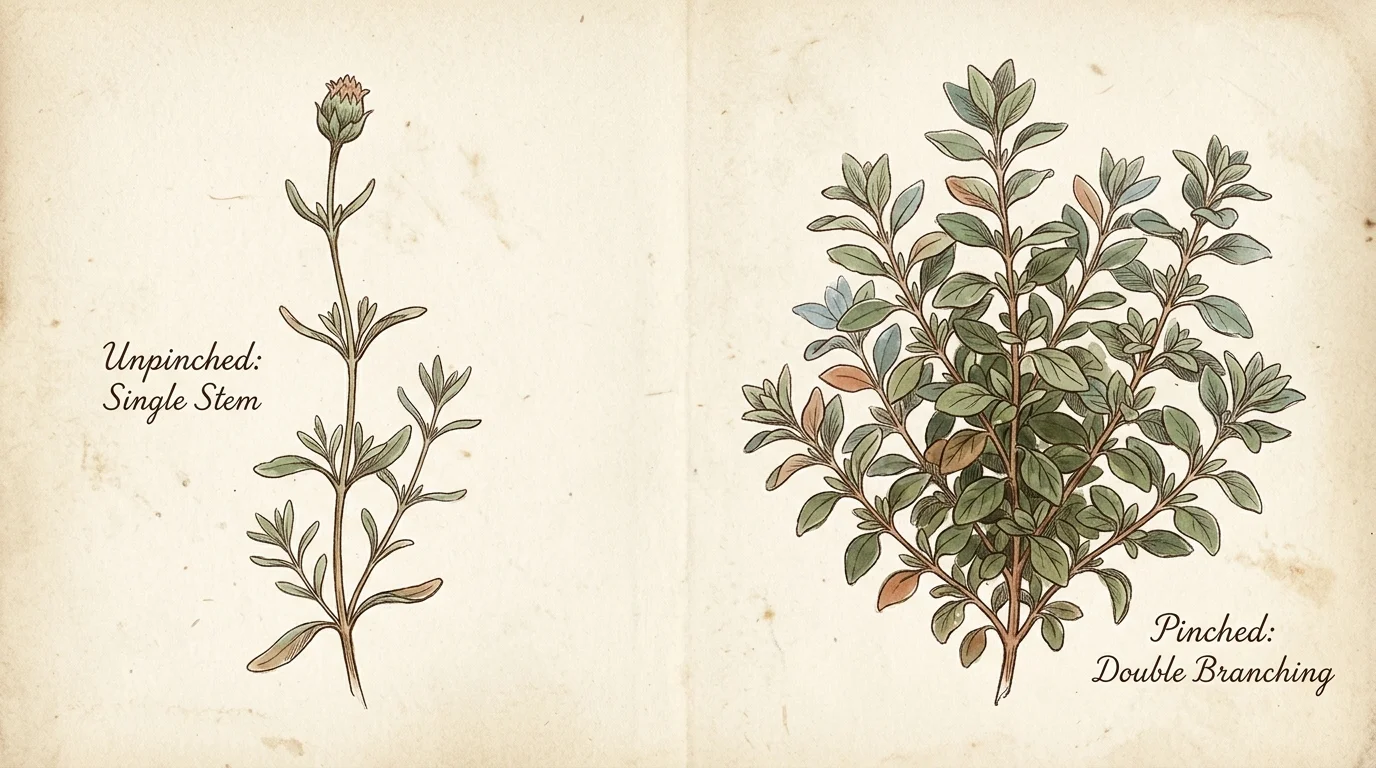 A vintage-style watercolor and ink botanical journal page comparing the single, leggy growth of unpinched plants to the lush, double-branche
