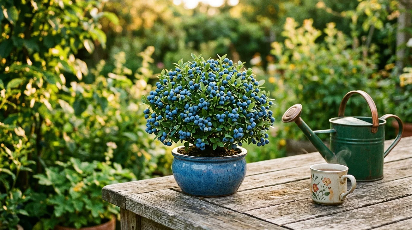 A warm, film-grain photograph of a tiny Jelly Bean blueberry plant in a blue glazed pot on a wooden garden table.