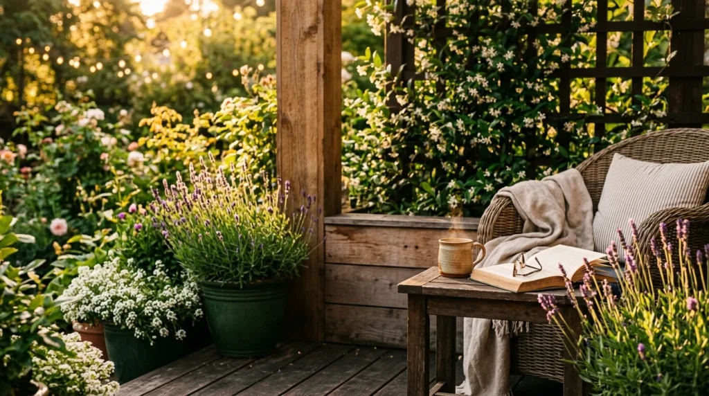 A warm golden-hour patio scene with wooden furniture, surrounded by lavender, climbing jasmine, and sweet alyssum in terracotta pots.