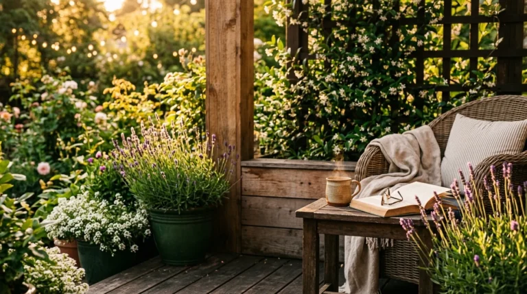 A warm golden-hour patio scene with wooden furniture, surrounded by lavender, climbing jasmine, and sweet alyssum in terracotta pots.