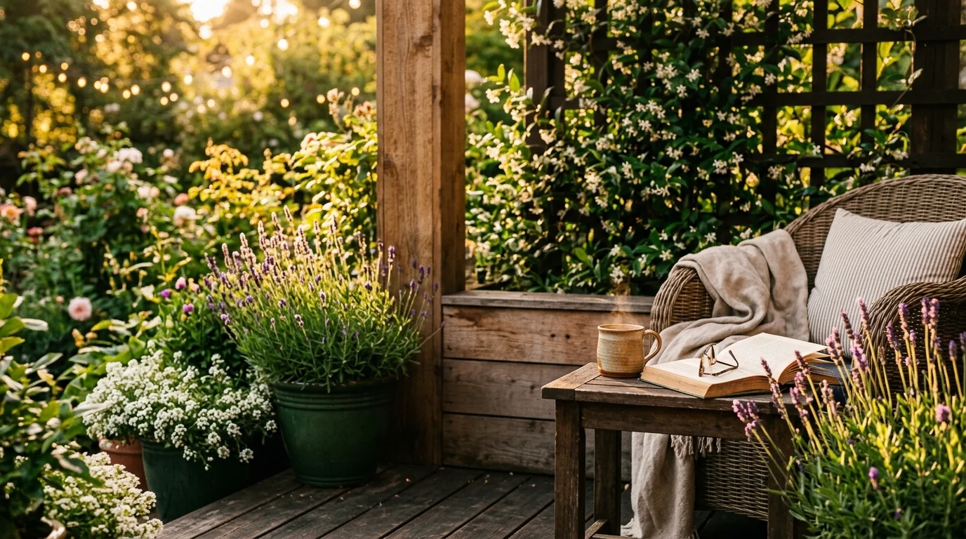 A warm golden-hour patio scene with wooden furniture, surrounded by lavender, climbing jasmine, and sweet alyssum in terracotta pots.
