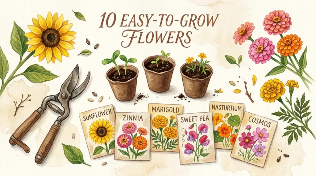 A warm gouache illustration showing colorful seed packets, young green sprouts, and garden shears on a paper background.