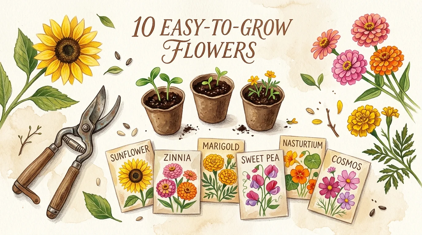 A warm gouache illustration showing colorful seed packets, young green sprouts, and garden shears on a paper background.