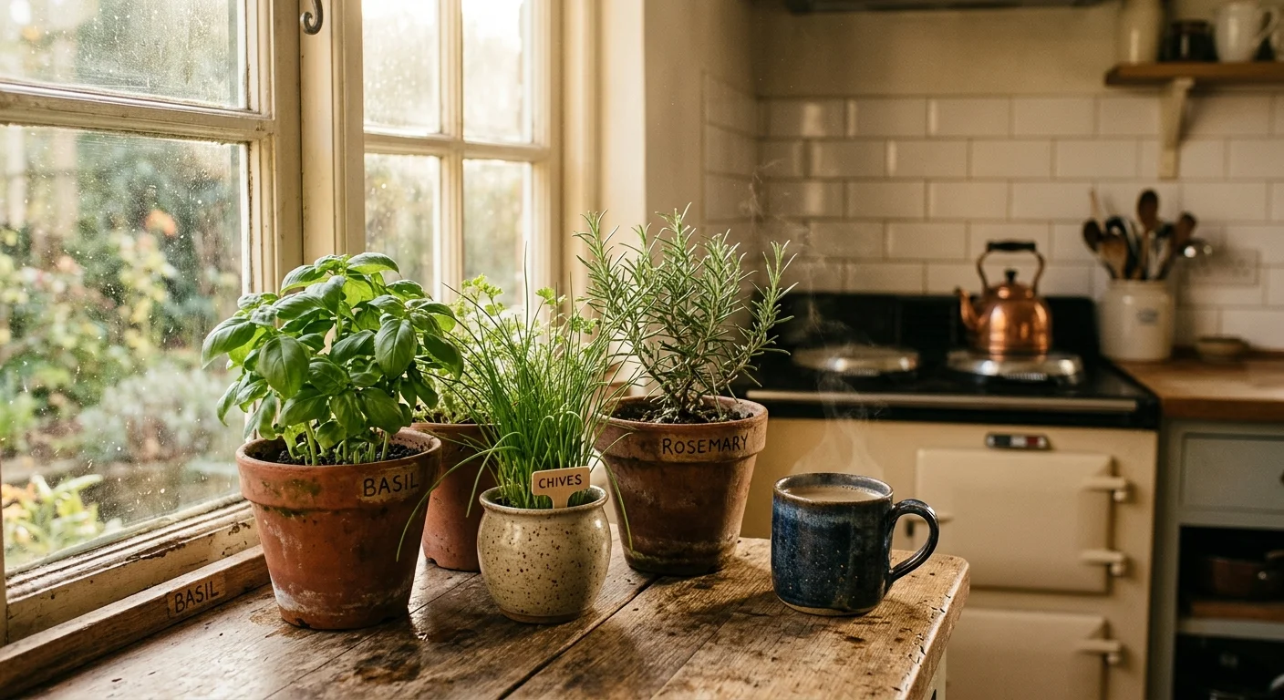 A warm, sunlit kitchen windowsill filled with potted fresh herbs like basil, rosemary, and chives in terracotta pots.
