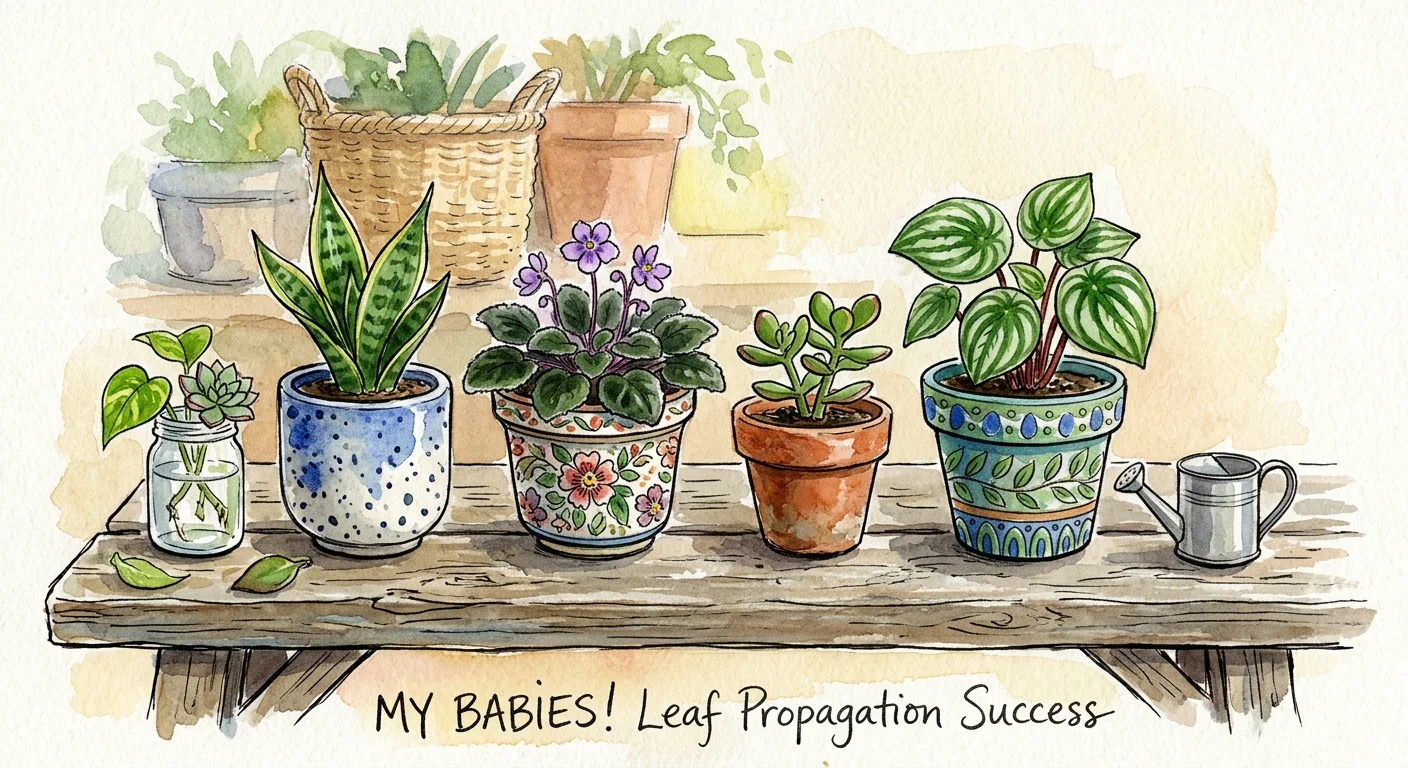 A warm watercolor illustration of several small, thriving baby plants in colorful pots on a rustic wooden bench.