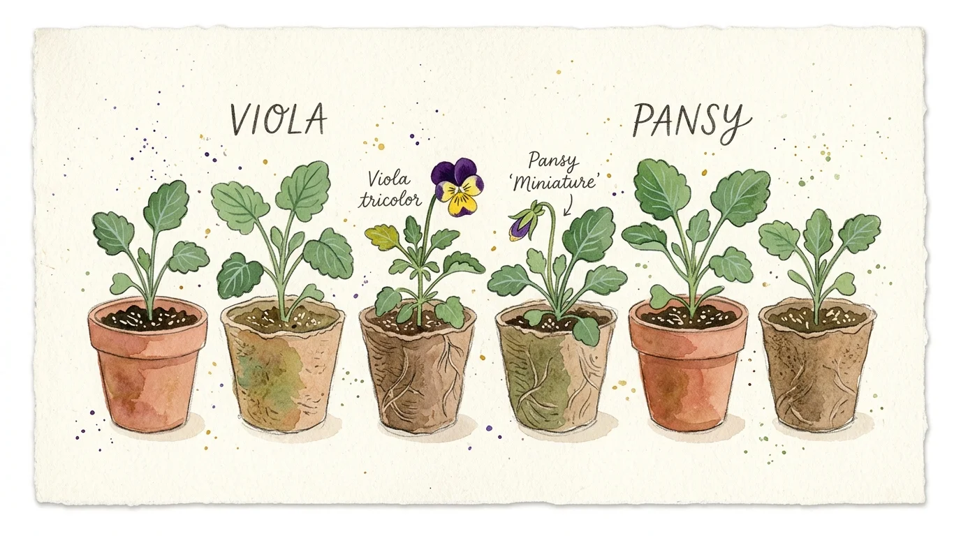 A watercolor and gouache illustration of young pansy seedlings with scalloped leaves and a tiny violet flower bud in paper pots.