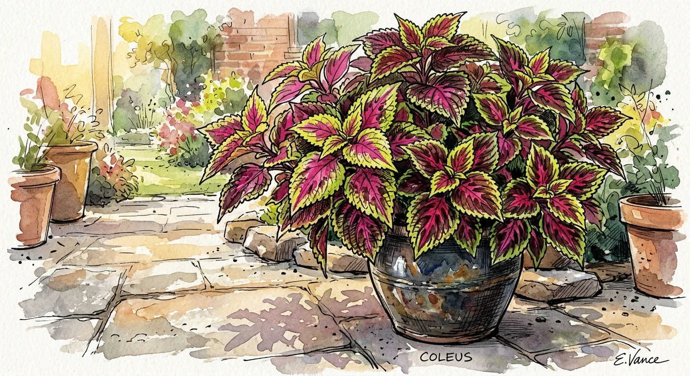 A watercolor and ink illustration of a lush, mounded coleus plant with vibrant magenta and chartreuse variegated leaves in a dark ceramic po