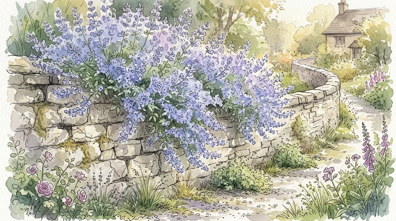 A watercolor and ink illustration of soft purple catmint flowers spilling over a rustic stone retaining wall.