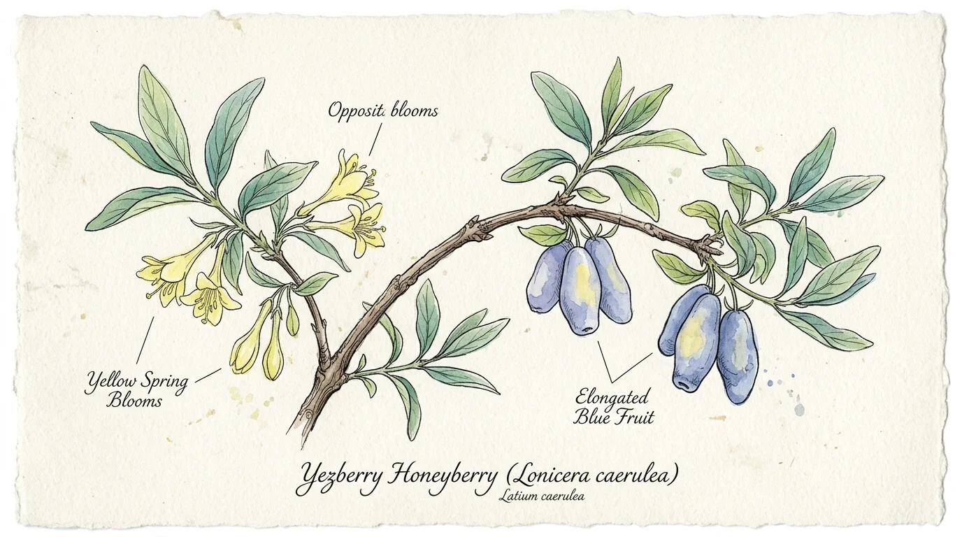 A watercolor botanical study illustrating the unique elongated blue berries and yellow blossoms of the Yezberry honeyberry.