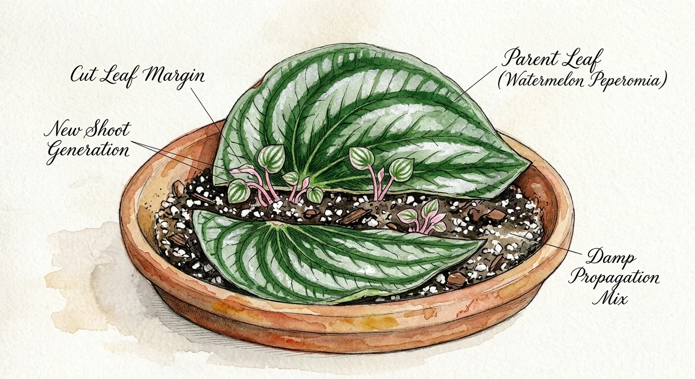 A watercolor drawing of a watermelon peperomia leaf cut in half, with tiny baby plants sprouting from the cut edge.