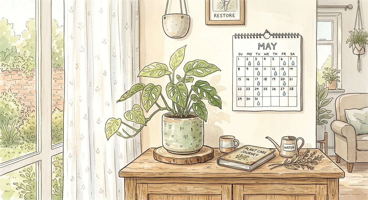 A watercolor illustration of a plant bathing in bright indirect light next to a clean wall calendar detailing a watering routine.