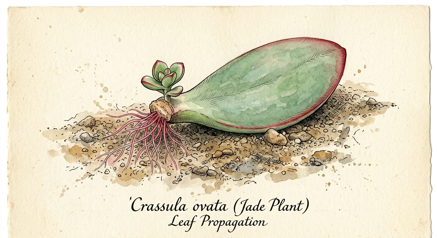 A watercolor illustration of a single jade succulent leaf sprouting tiny pink roots and a miniature rosette on sandy soil.
