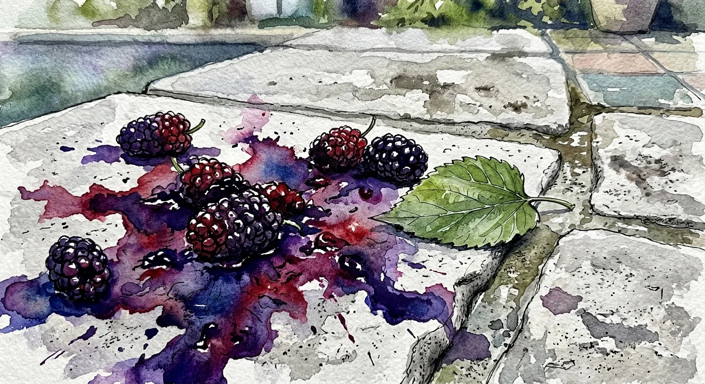 A watercolor illustration of crushed dark purple mulberries staining light gray stone patio pavers next to a pool.