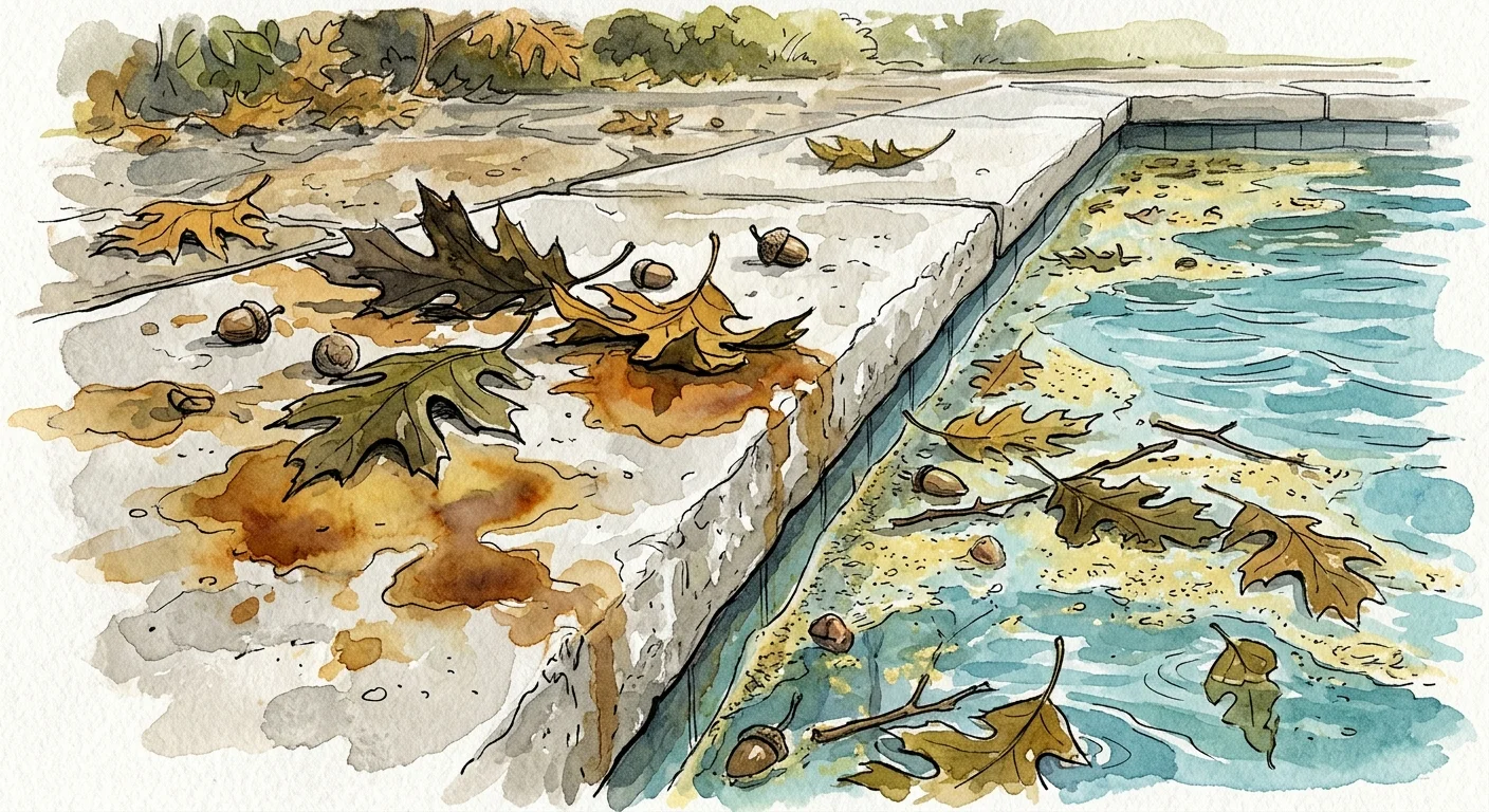 A watercolor illustration of fallen oak leaves and acorns causing dark brown tannin stains on a light gray concrete pool deck.
