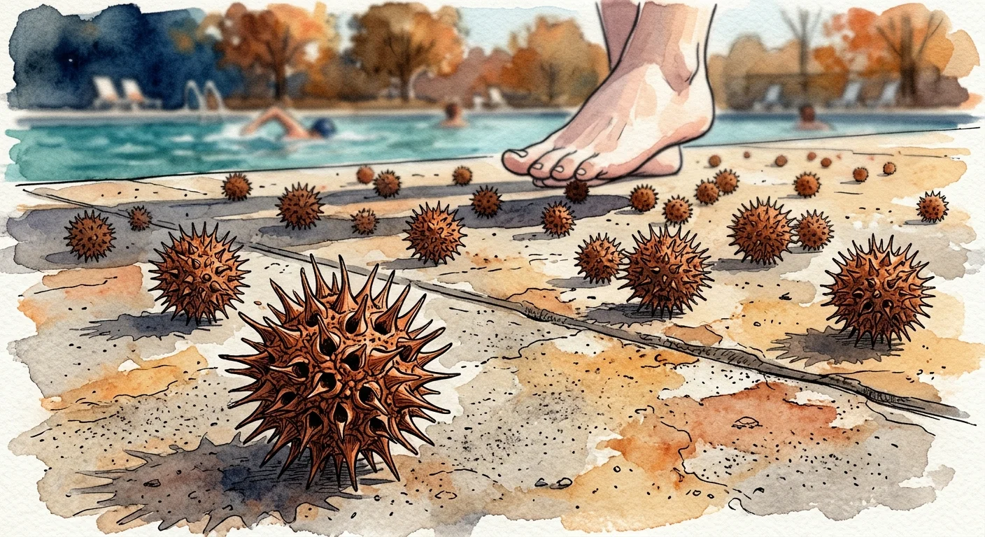 A watercolor illustration of spiky sweetgum seed pods scattered on a concrete pool deck near a swimmer's bare foot.