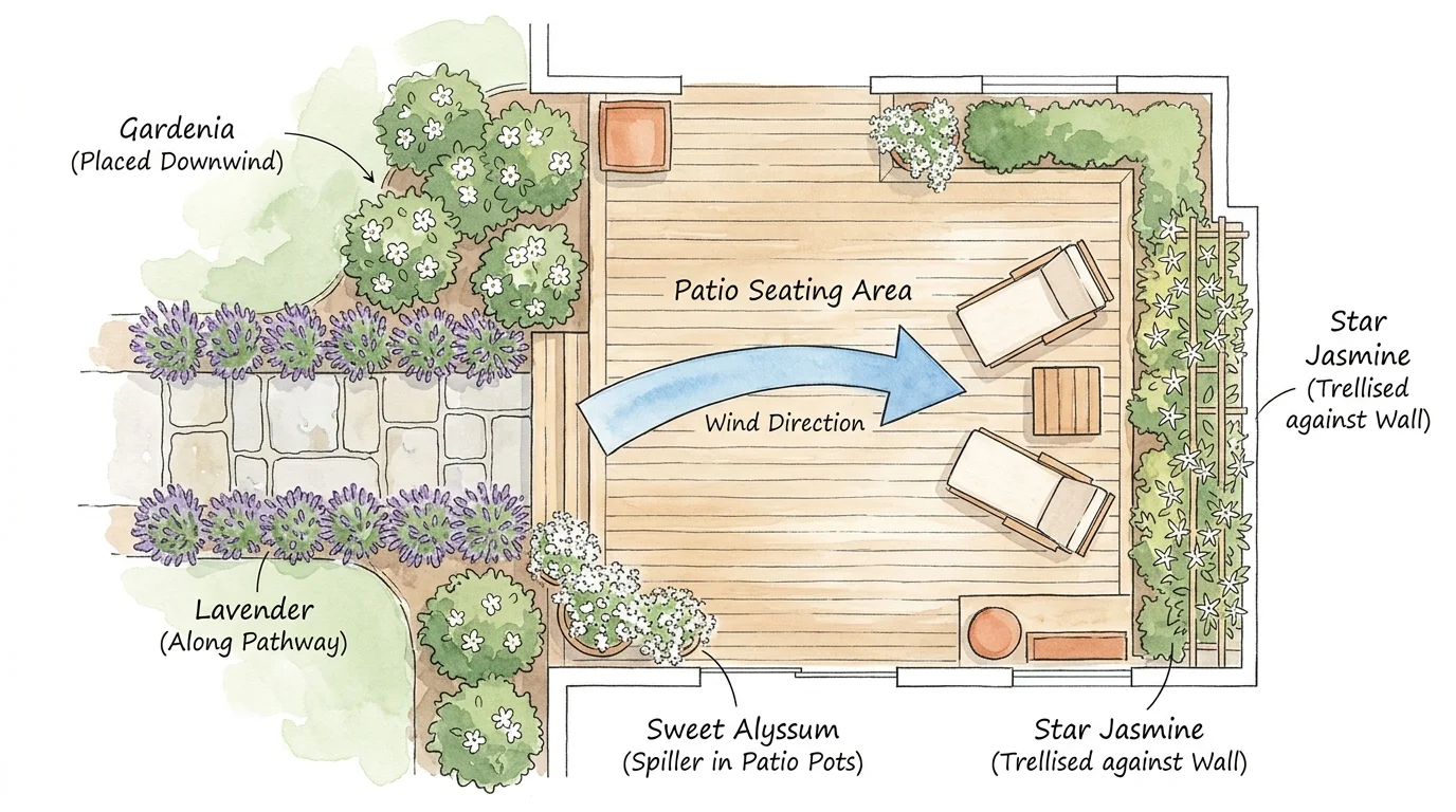 A watercolor landscape design diagram showing where to place lavender, gardenias, and alyssum relative to wind direction on a patio.