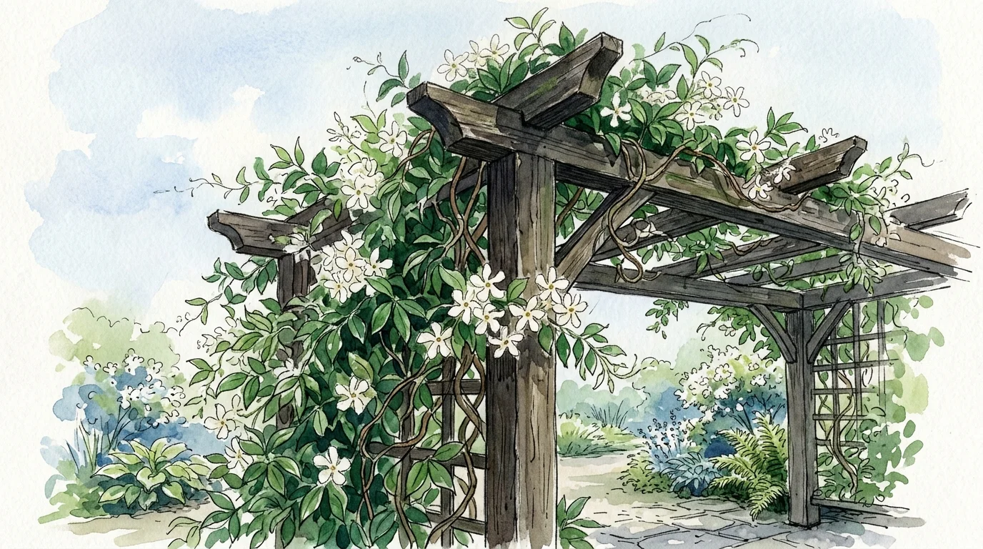 A watercolor painting of star jasmine vines climbing a dark wooden arbor.
