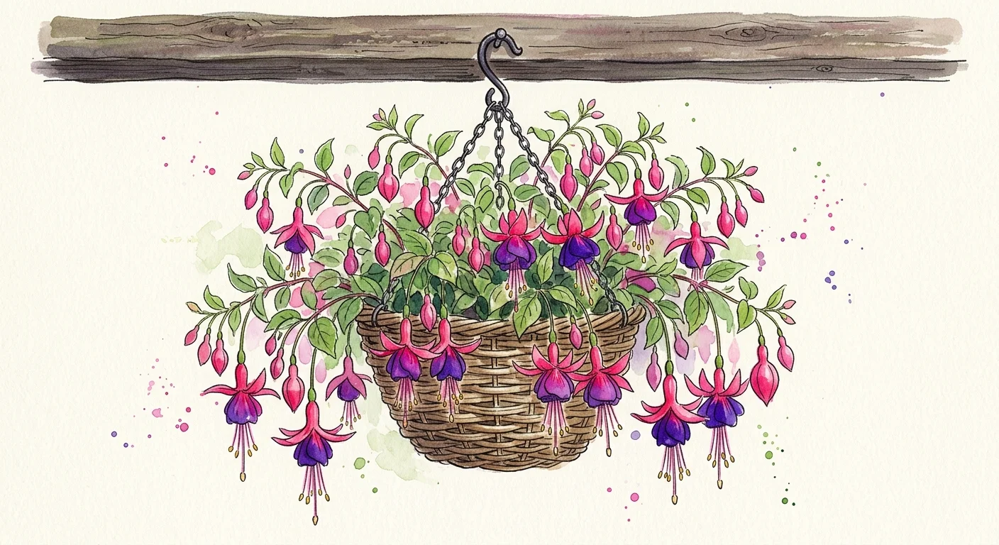 A watercolor sketch of a hanging basket filled with cascading pink and purple fuchsia flowers.