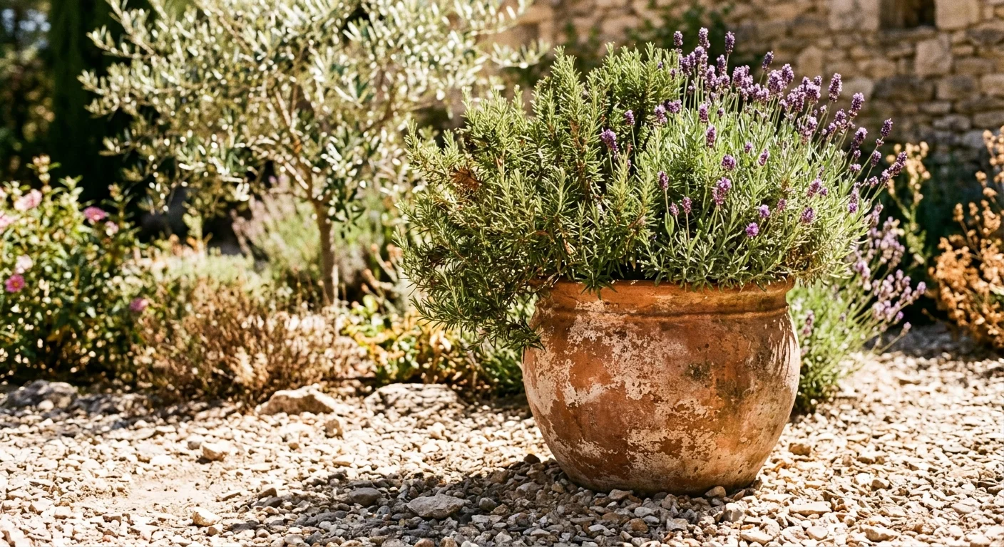 A weathered terracotta pot filled with rosemary and lavender on a sunny gravel patio, with an olive tree in the soft background.