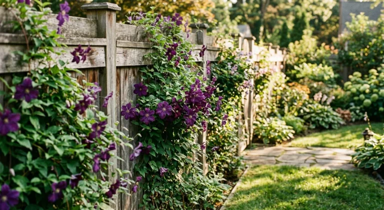 A weathered wooden garden fence lushly covered in vibrant climbing green vines and purple clematis flowers under warm golden sunlight.