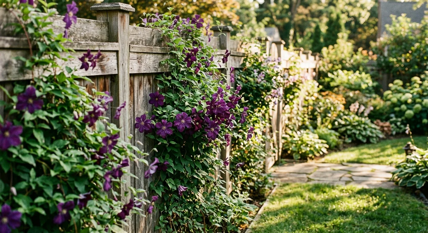 A weathered wooden garden fence lushly covered in vibrant climbing green vines and purple clematis flowers under warm golden sunlight.