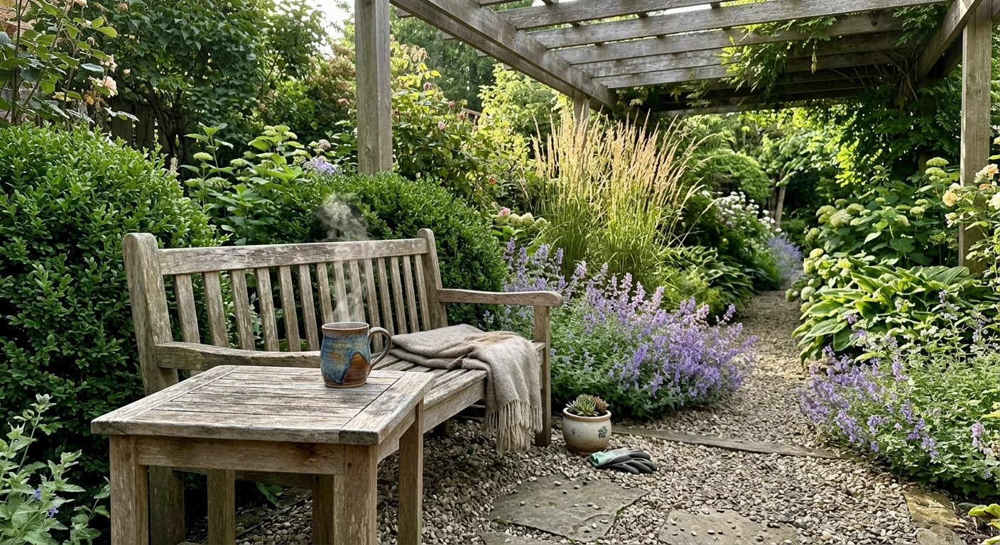 A welcoming garden bench with a warm mug of coffee next to a mature, professionally designed home garden.